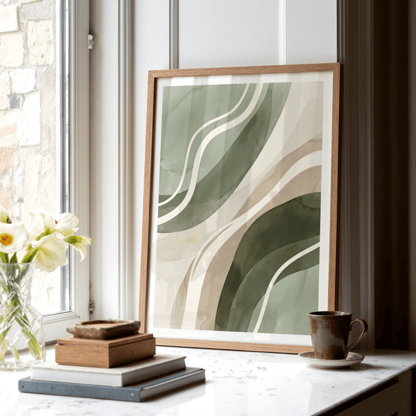 Modern Green Abstract Print with green beige white tones for office print