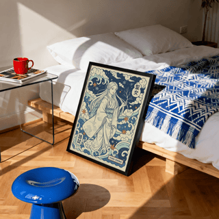 Close view of patterned sleeve and snowflake icons on Yuki Onna Wall Art