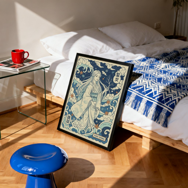 Close view of patterned sleeve and snowflake icons on Yuki Onna Wall Art