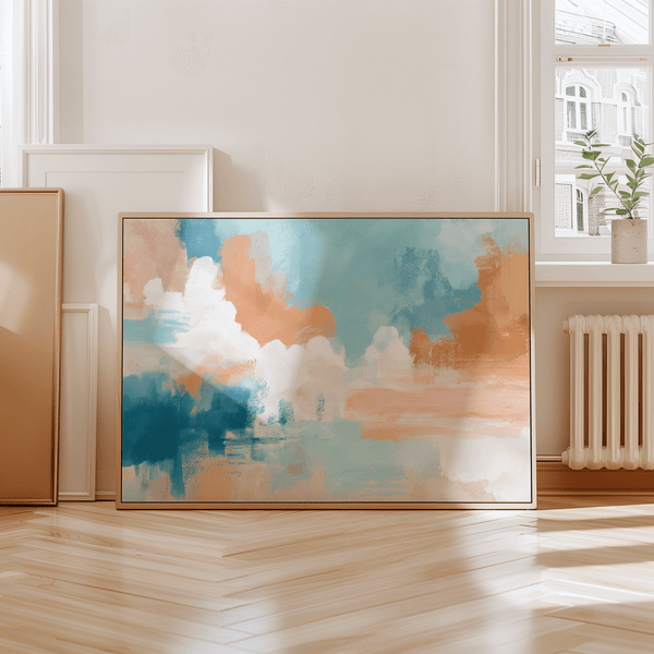 blue pink abstract painting wall art with Blue, Pink, Orange, White tones for bedroom