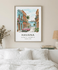 Watercolor-style Havana Wall Art print showing pastel buildings, balconies, and sea view