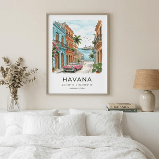 Watercolor-style Havana Wall Art print showing pastel buildings, balconies, and sea view