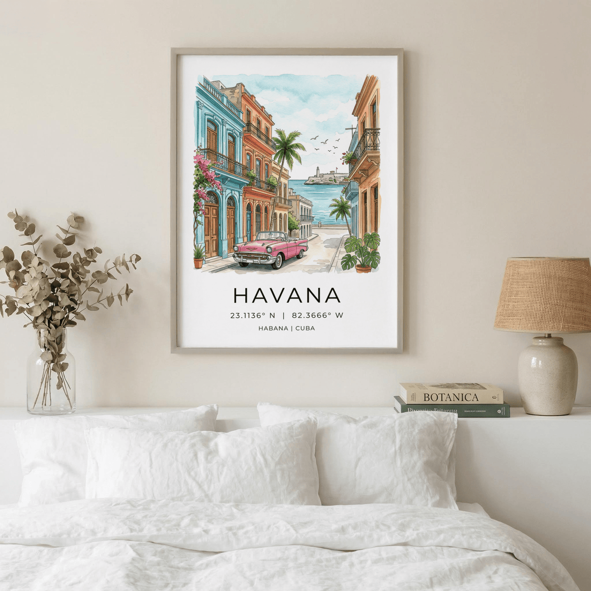 Watercolor-style Havana Wall Art print showing pastel buildings, balconies, and sea view