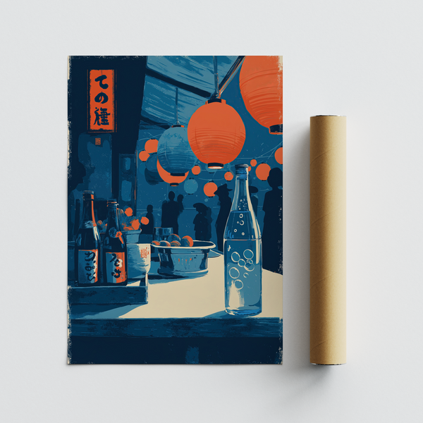 Border detail of lantern night illustration poster with bottles and stacked bowls