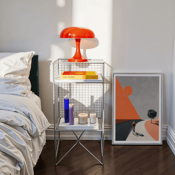 Modern geometric wall art print with a single tree, broad shapes, and a small cyclist figure