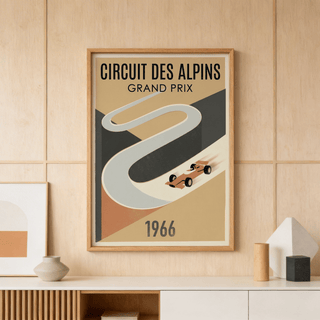 Bold racing poster print showing Circuit Des Alpins Grand Prix text and winding circuit
