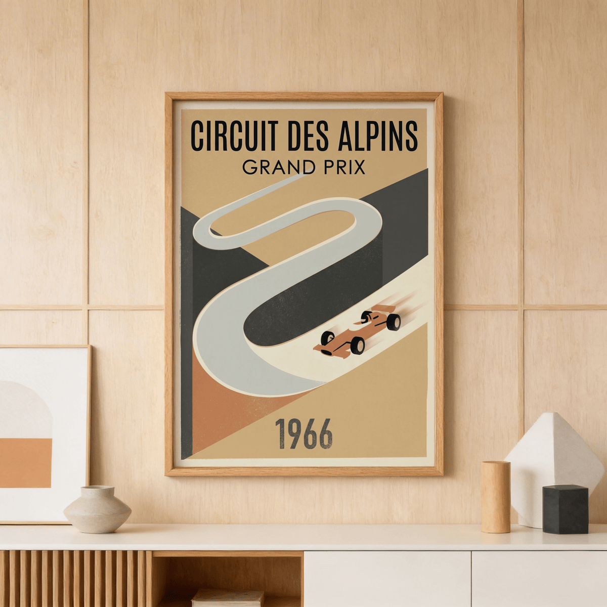 Bold racing poster print showing Circuit Des Alpins Grand Prix text and winding circuit