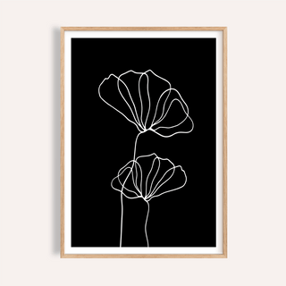 Line Art Floral Print poster with two continuous-line flowers on black background