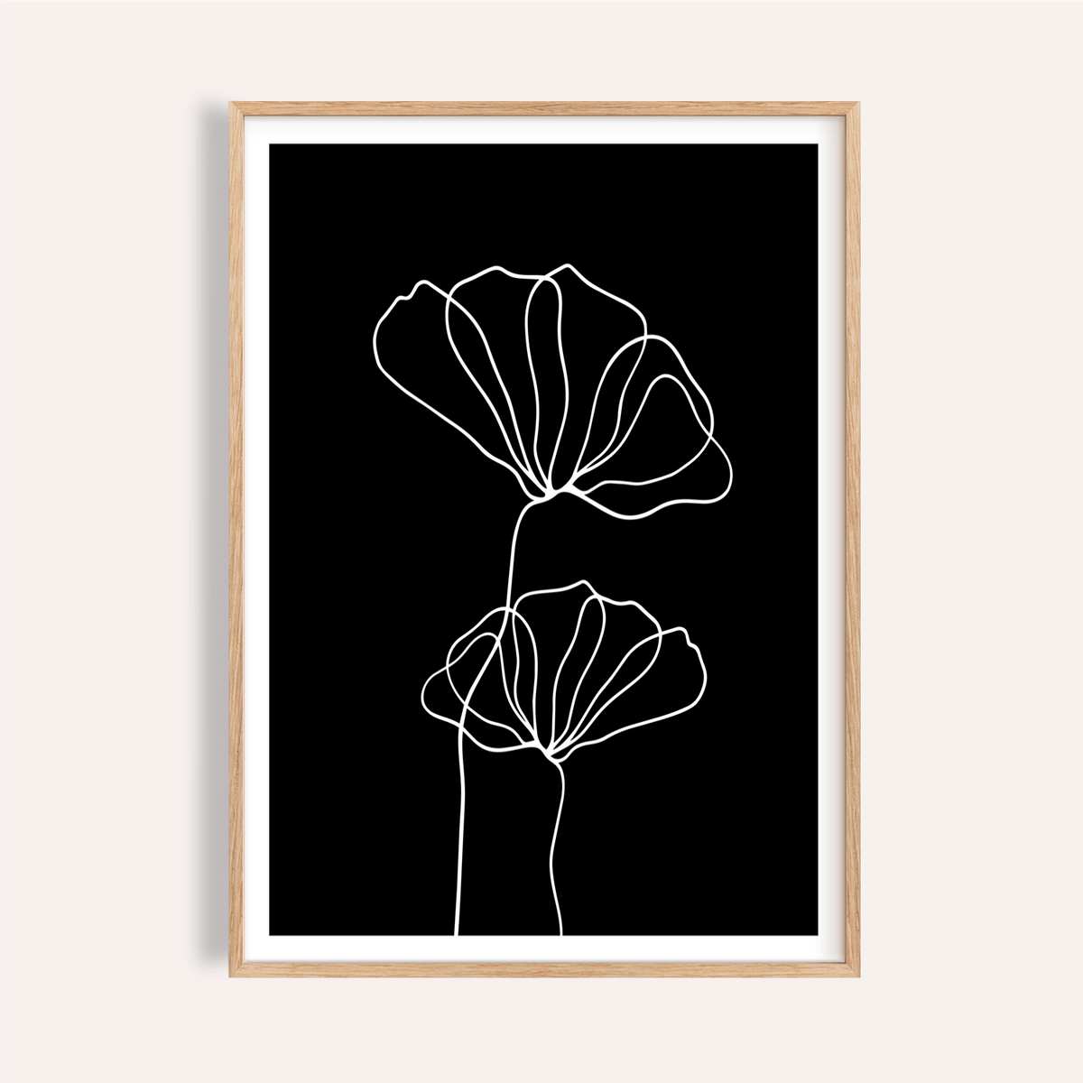 Line Art Floral Print poster with two continuous-line flowers on black background
