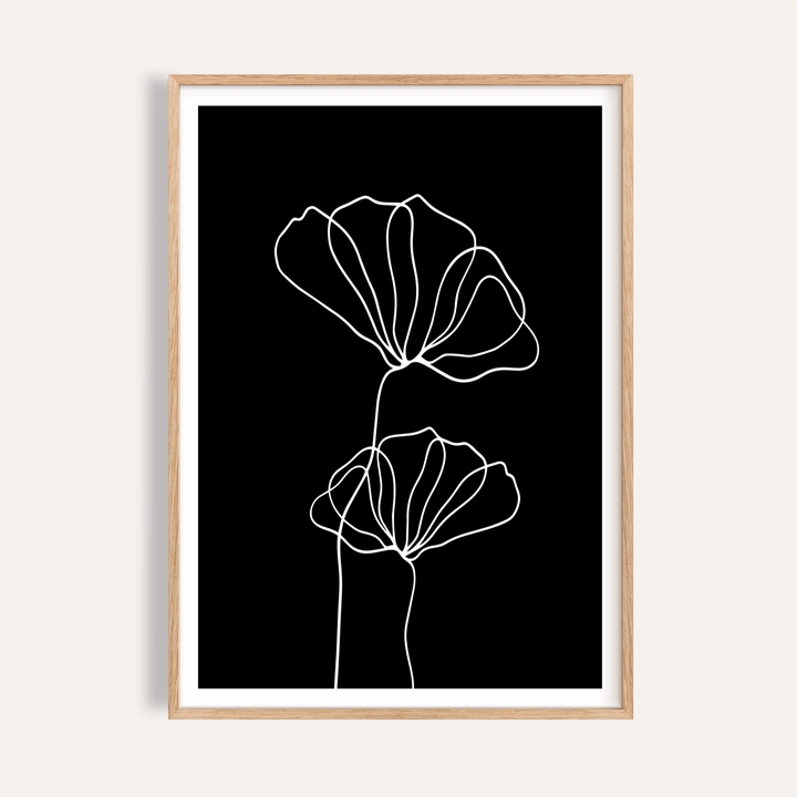 Line Art Floral Print poster with two continuous-line flowers on black background