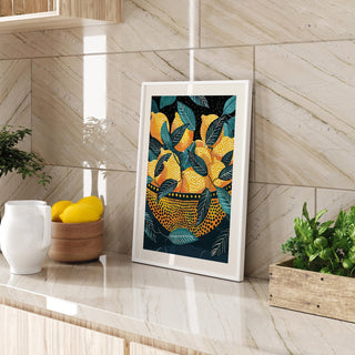 Artistic lemon wall art with Yayoi Kusama–inspired dotted design.