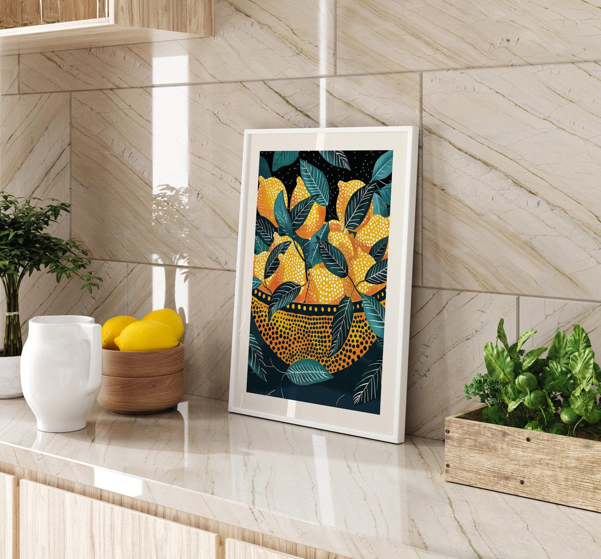 Artistic lemon wall art with Yayoi Kusama–inspired dotted design.