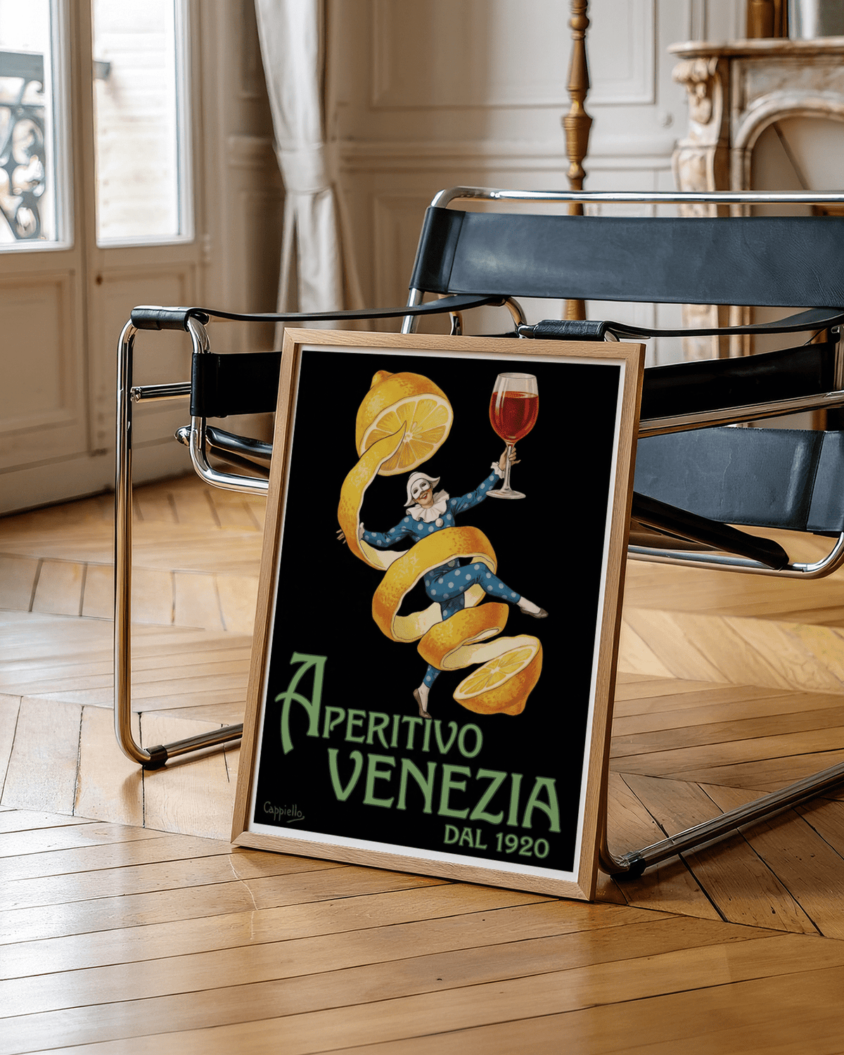 Bold yellow and blue Vintage Aperitivo Print for living room wall art