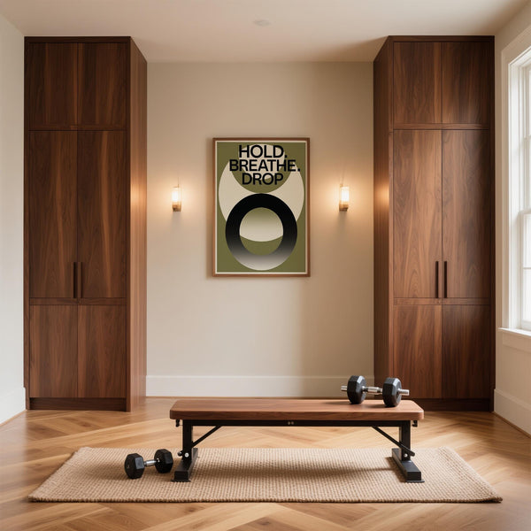 Inspirational home gym wall art with strength and calm tone.