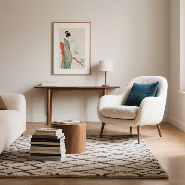 Feminine yet bold Japanese Watercolor Art with green robe and red accents.