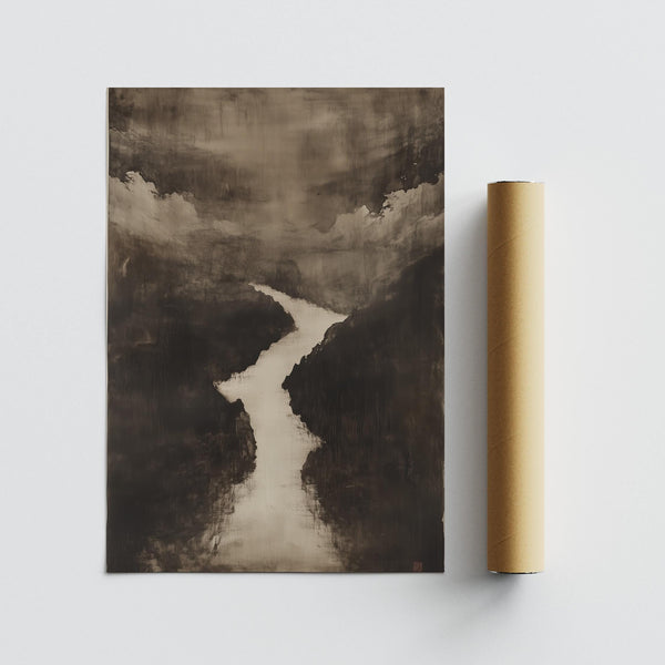 River painting in sumi e art style with bold black ink strokes.