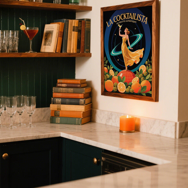 Modern bar art print for kitchen or bar room featuring gold tones and citrus.