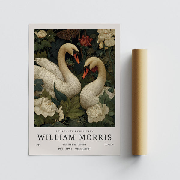 Botanical swan print with stylized flowers and foliage – Swan Wall Art for bedroom.