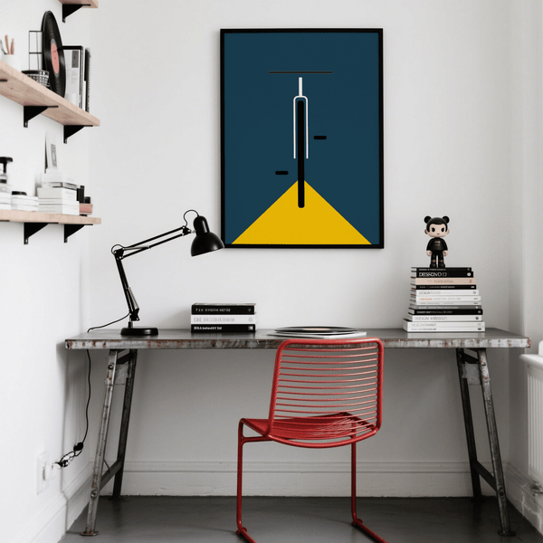 Minimal Bike Poster wall art with blue and yellow for home office