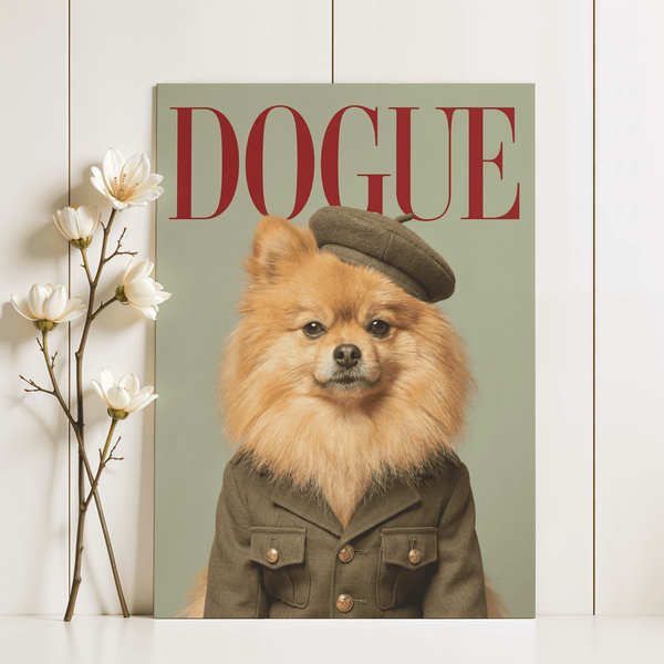 Pomeranian Soldier Art featuring green, red, beige, and gold suitable for hallway