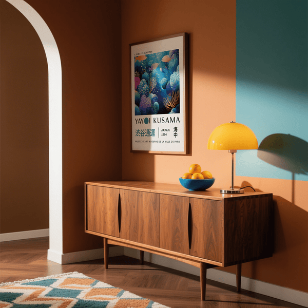 Living room styled with playful and modern fish artwork prints