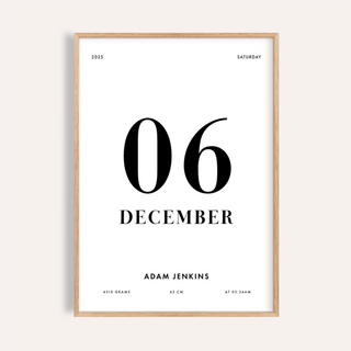 Framed Born This Day Custom poster with birth details and a minimalist black and white design