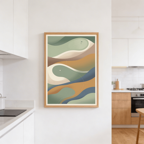 Soft geometric landscape-style poster print with flag detail and ball marker