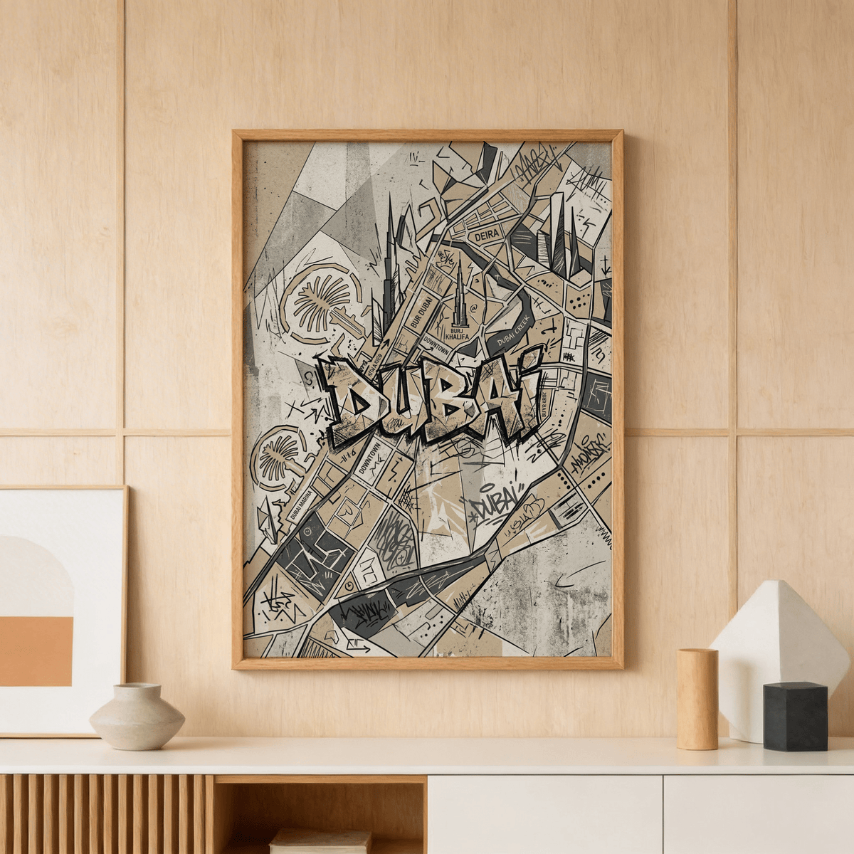 Angled city map print featuring “DUBAI” graffiti tag and labeled districts
