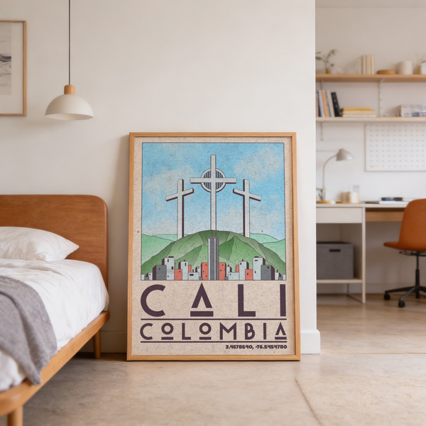 Desk scene featuring minimalist travel poster for Cali, Colombia