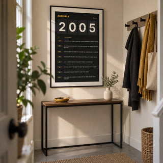 2005 Arrivals Board Print, framed on the wall of a compact hallway in a modern UK terraced home with a cream wall and plain grey floor