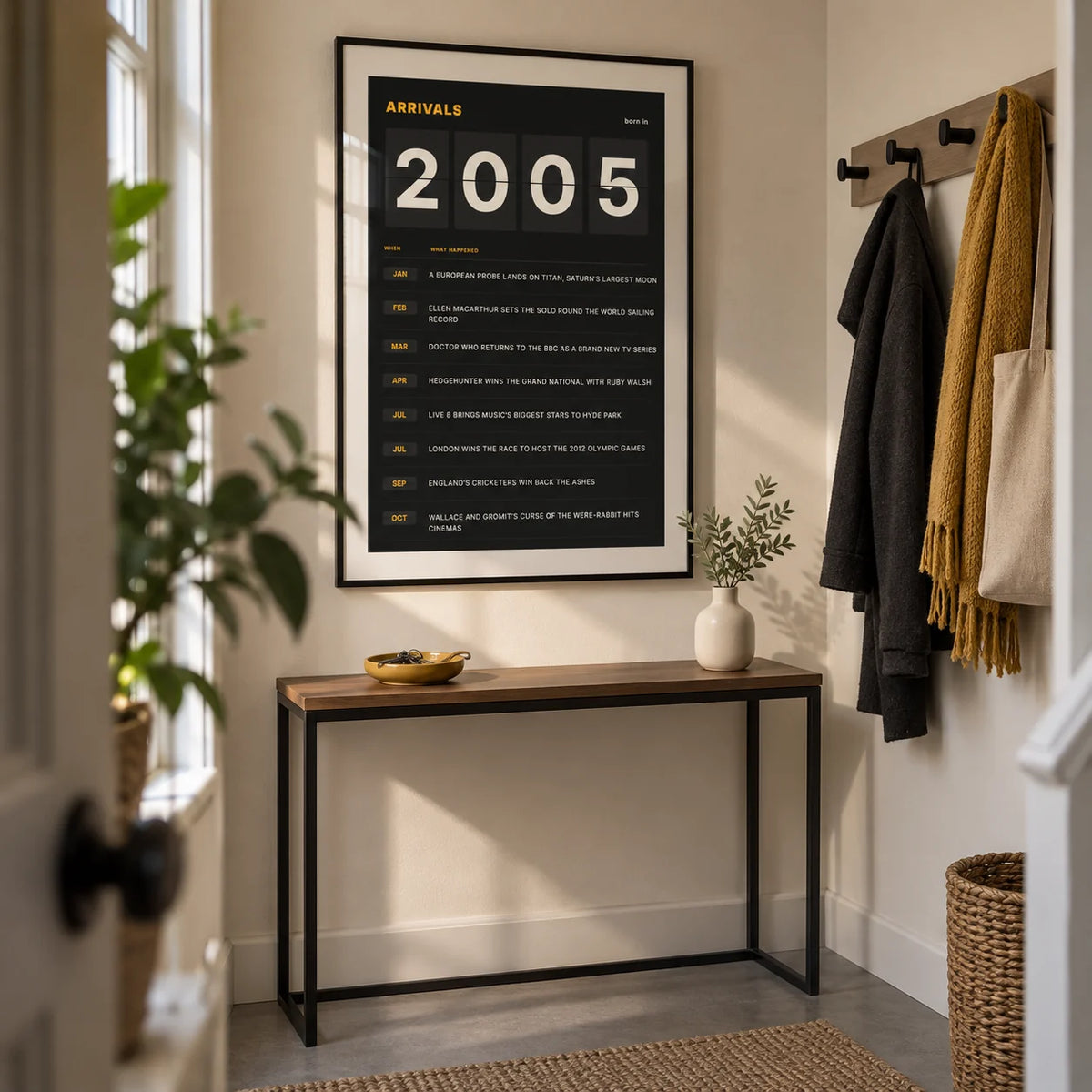 2005 Arrivals Board Print, framed on the wall of a compact hallway in a modern UK terraced home with a cream wall and plain grey floor
