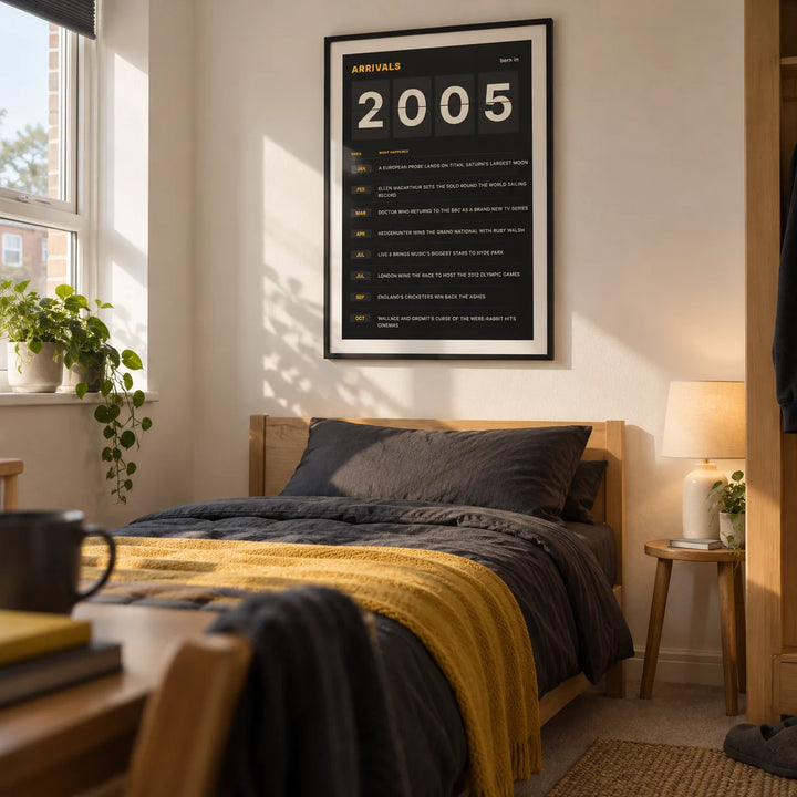 2005 Arrivals Board Print, framed on the wall of a tidy single bedroom for a university student aged 20-21 in a UK shared house