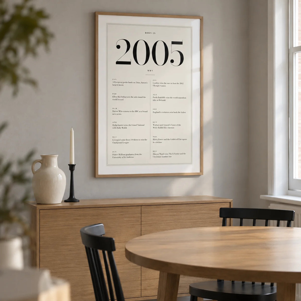 2005 Birthday Print, framed on the wall of a compact contemporary dining nook in a UK maisonette