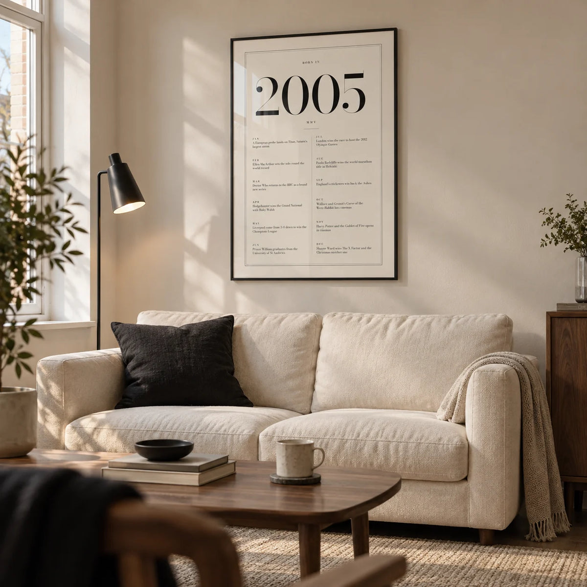 2005 Birthday Print, framed on the wall of a compact modern living room in a UK first flat for a young adult (21-25)