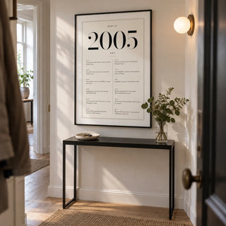 2005 Birthday Print, framed on the wall of a narrow entrance hallway in a young adult's UK flat