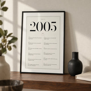 2005 Birthday Print, a small A4 framed print leaning on a walnut shelf in a living room