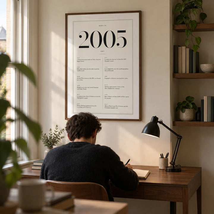 2005 Birthday Print, framed on the wall of a small home study in a UK terrace with an ivory wall and an alcove fitted with plain walnut shelves