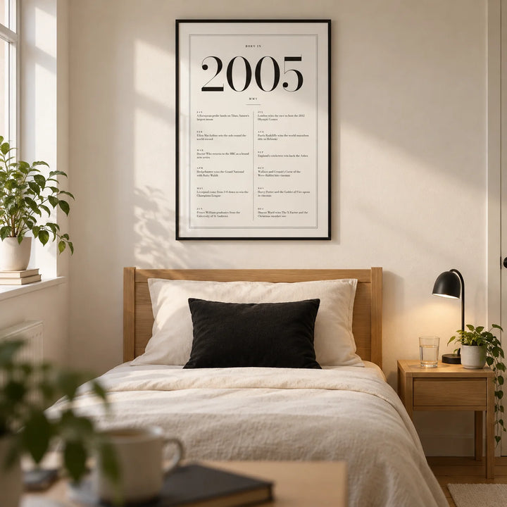 2005 Birthday Print, framed on the wall of a tidy university single bedroom for a young adult (18-21) in a UK shared house
