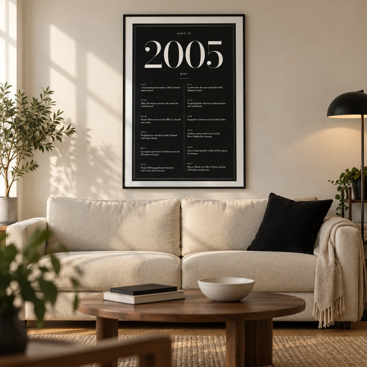 2005 Black Birthday Print, framed on the wall of a modern living room in a young adult's UK first flat with a warm white wall and oak floor