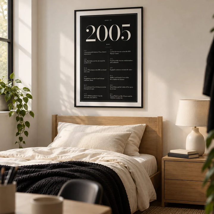2005 Black Birthday Print, framed on the wall of a neatly styled university single bedroom for an adult aged 18-21 with a soft white wall