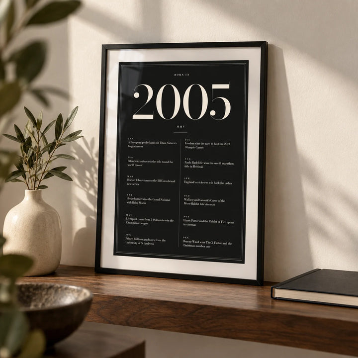 2005 Black Birthday Print, a small A4 framed print leaning on a walnut shelf in a living room