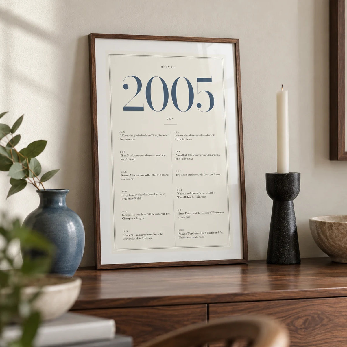 2005 Blue Birthday Print, a small A4 framed print leaning on a walnut sideboard in a living room