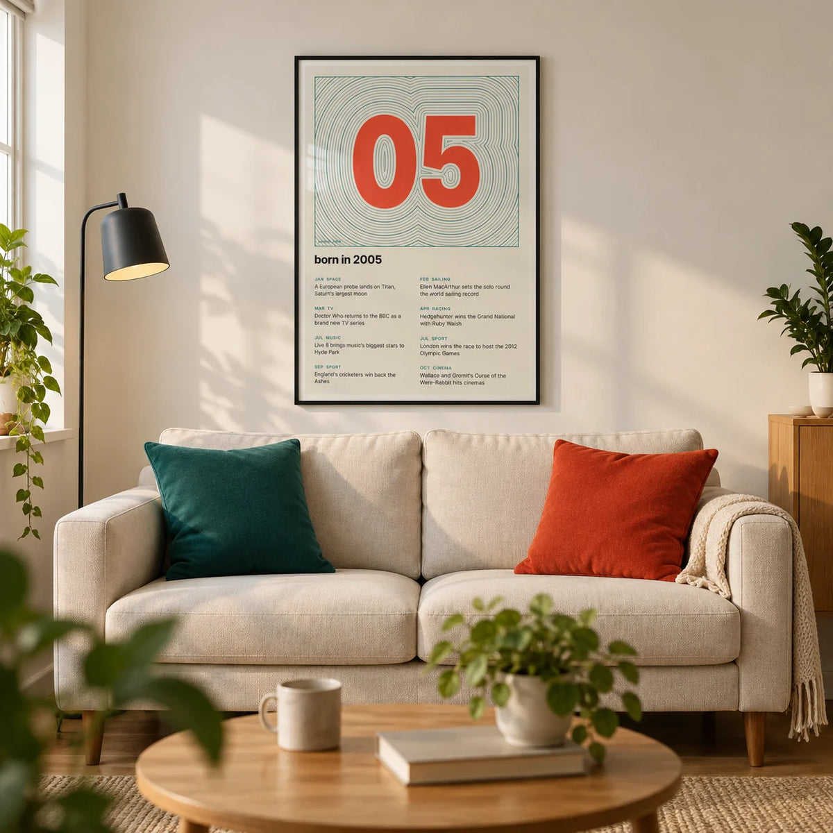 2005 Contour Map Print, framed on the wall of a compact modern living room in a young adult's UK first flat with warm white walls and an oak floor