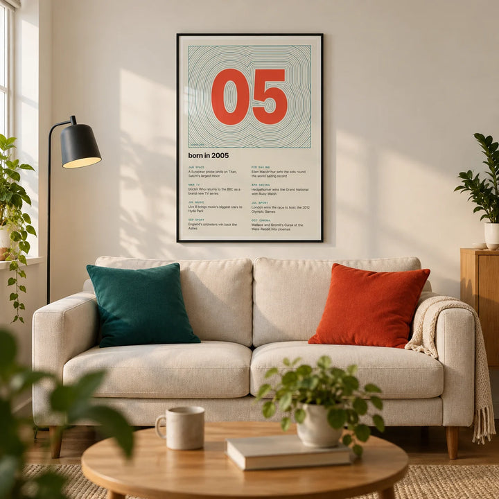 2005 Contour Map Print, framed on the wall of a compact modern living room in a young adult's UK first flat with warm white walls and an oak floor