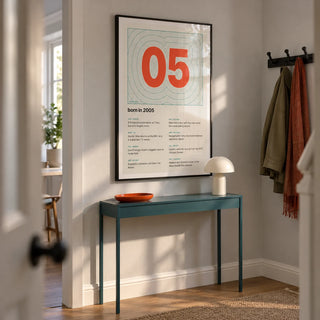 2005 Contour Map Print, framed on the wall of a narrow contemporary hallway in a UK first flat with pale grey walls and an oak floor