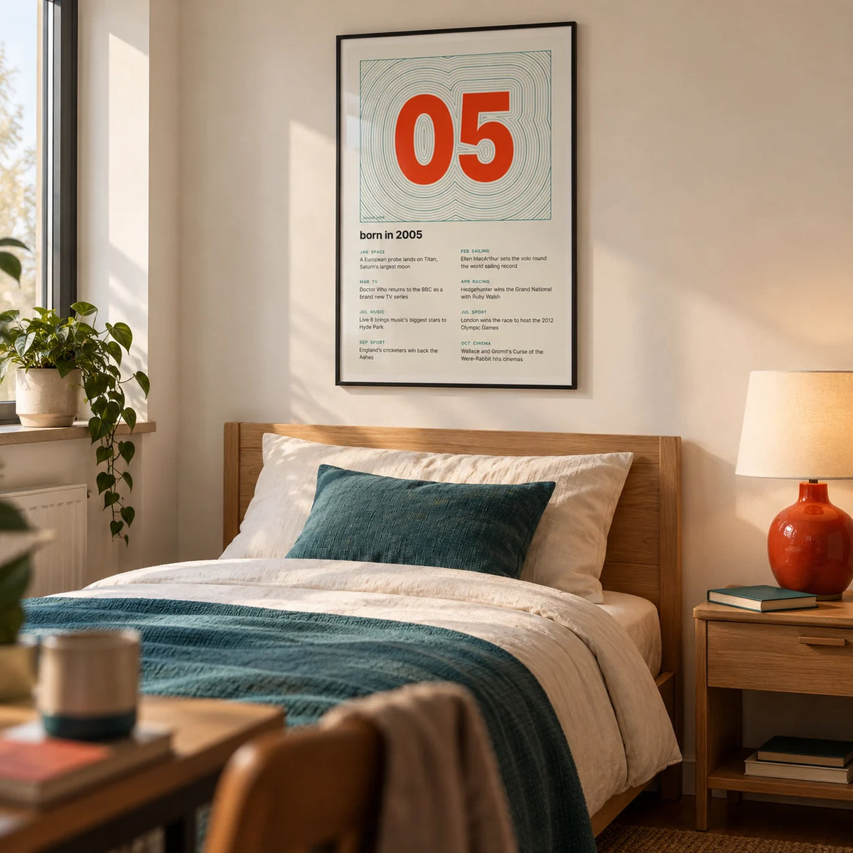 2005 Contour Map Print, framed on the wall of a neatly furnished university single bedroom for a student aged 20-22 with a warm white wall