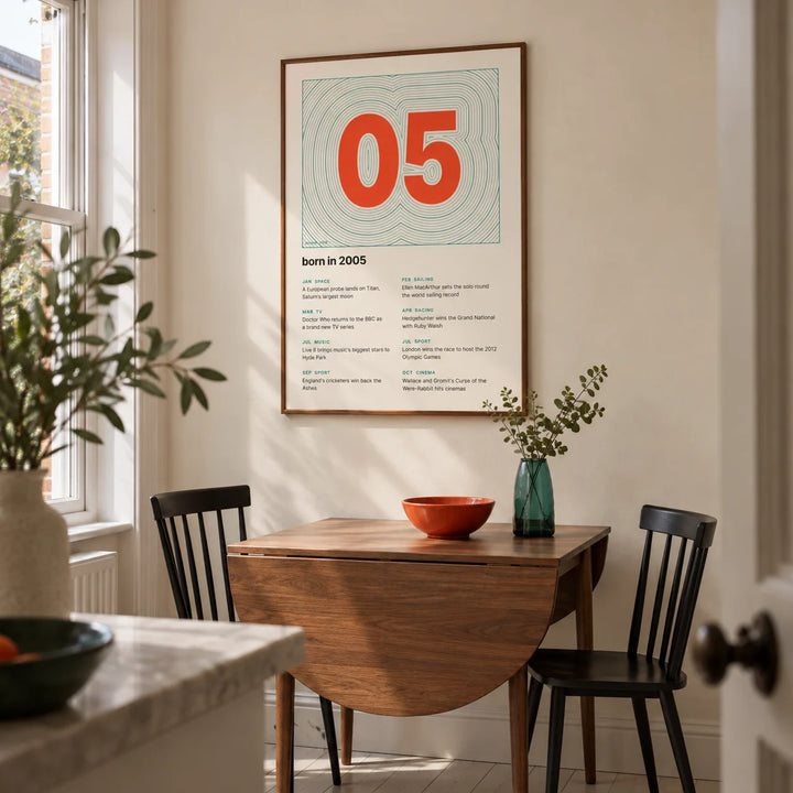 2005 Contour Map Print, framed on the wall of a small modern dining nook in a UK terrace with a cream wall and a walnut drop-leaf table