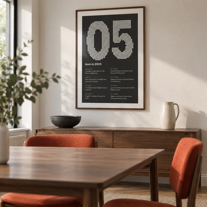 2005 Halftone Print, framed on the wall of a compact modern dining room in a young couple's UK home