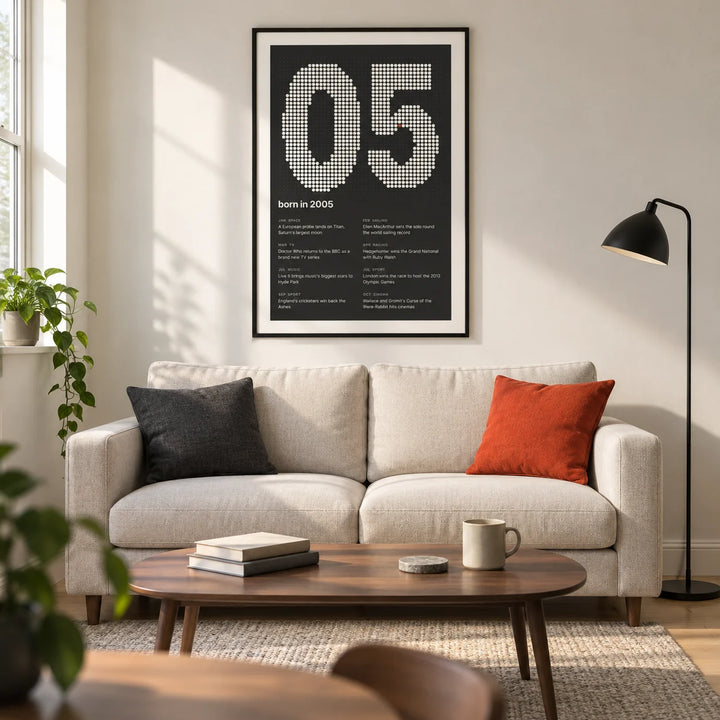 2005 Halftone Print, framed on the wall of a compact modern living room in a young adult's UK first flat