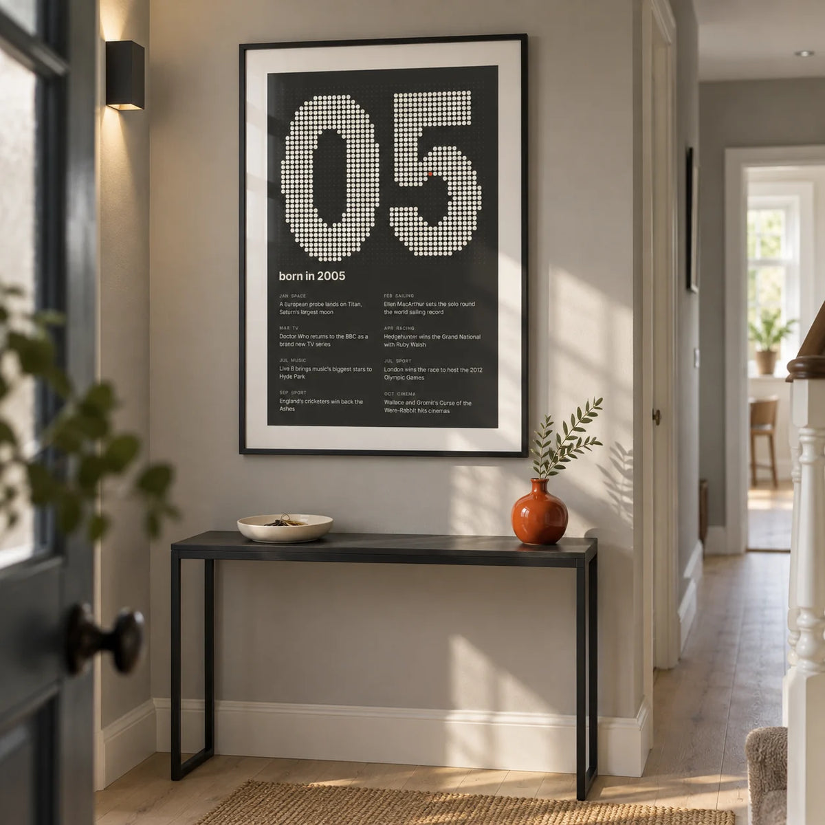 2005 Halftone Print, framed on the wall of a narrow hallway in a modern UK terrace with a soft grey wall and pale oak floor